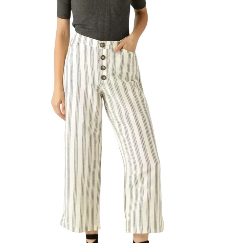 Mango MNG Off-White & Black Linen Striped Cropped Parallel Trousers Pants Small